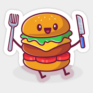 Cute Burger Holding Knife And Fork Sticker
